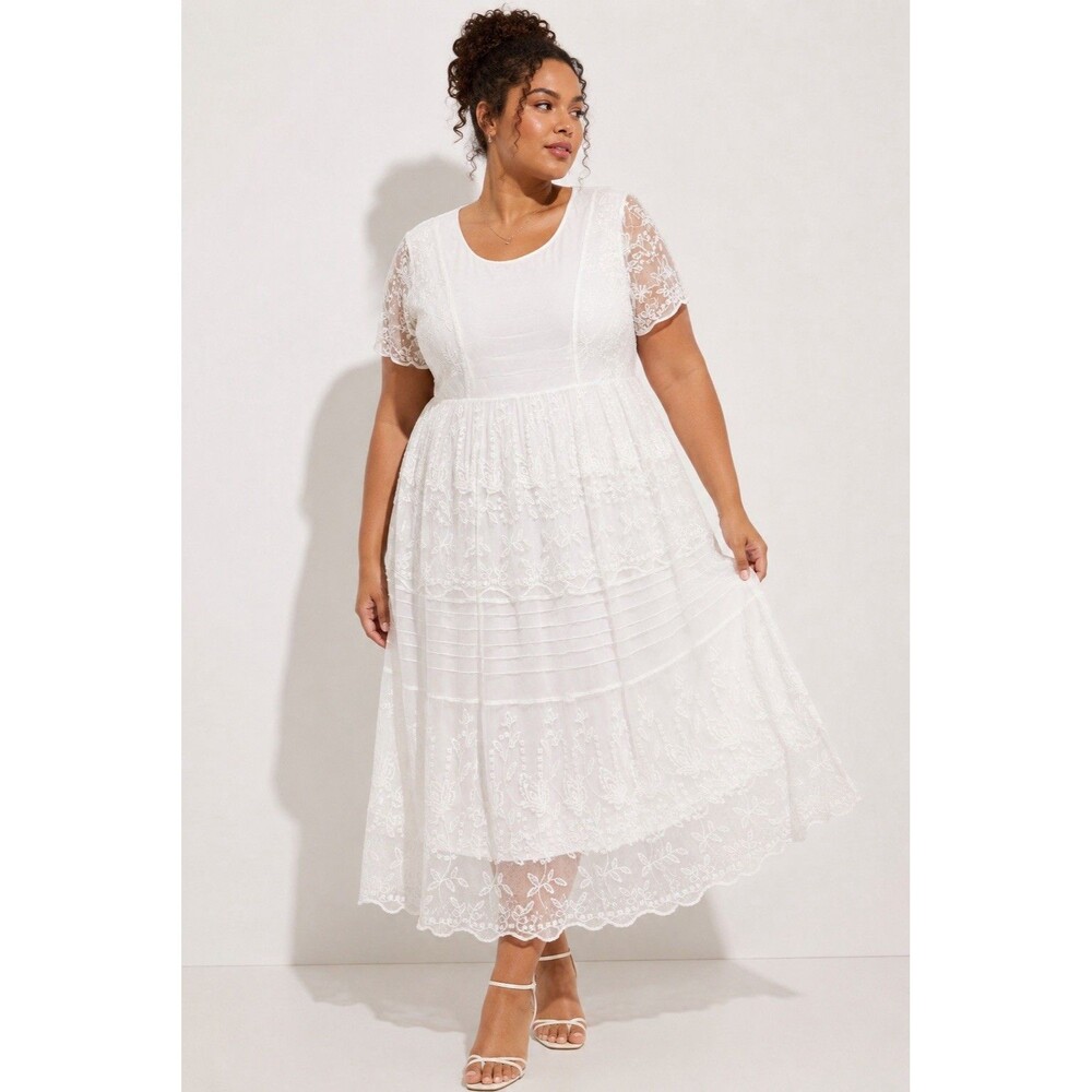 ASOS Curve White Embroidered Lace Midi Dress Plus Size US 16 Boho Cottagecore